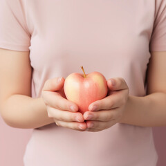 Woman hands holding apple heart, Happiness moment, Health care, wellness, donate and family insurance concept, World heart day, Health day, Hope, Gratitude, Kindness, Valentine's Day. Generative AI.