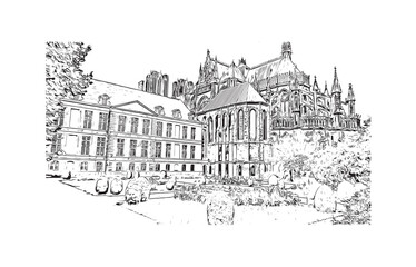 Building view with landmark of Reims is the city in France. Hand drawn sketch illustration in vector.