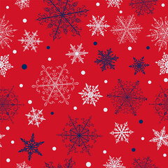 Christmas seamless pattern of beautiful complex blue and white snowflakes on red background. Winter illustration with falling snow