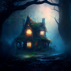 A magical house in a dark misty forest with dramatic phantasmal iridescent lighting, ai generated