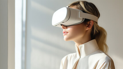 woman wearing a virtual reality headset in room, in the style of light tones background