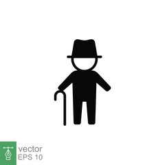 Old man icon. Simple solid style. Person with cane, stick, elder age, grandfather, senior people concept. Black silhouette, glyph symbol. Vector illustration isolated on white background. EPS 10.