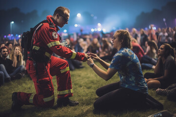 Amidst the noise of a music festival, a paramedic tends to a concertgoer in need, demonstrating their readiness to respond in dynamic environments. 