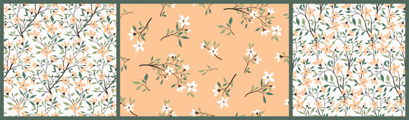 Seamless floral pattern, romantic liberty ditsy print with gentle spring garden in collection. Cute botanical design: hand drawn mini flowers, tiny leaves, small branches on a light background. Vector