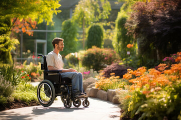 Amidst a colorful garden, a man in a wheelchair enjoys the sun-dappled path, surrounded by blooming flowers and lush greenery. 