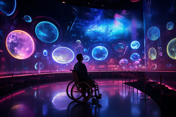 A man in a wheelchair explores a futuristic museum, surrounded by holographic exhibits and interactive displays that light up the space. 
