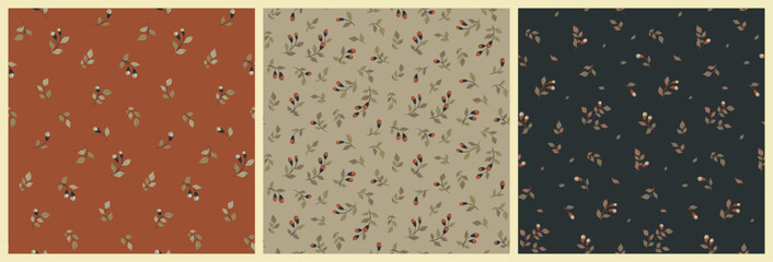 Seamless floral pattern, liberty ditsy print with autumn motif in collection. Pretty botanical design, simple abstract background of small hand drawn twigs, tiny leaves, mini flowers branches. Vector.