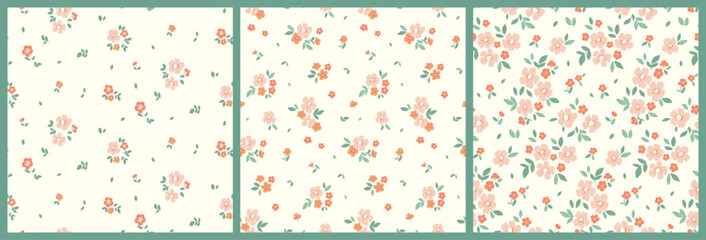 Seamless floral pattern, liberty ditsy print with cute small daisies in the collection. Pretty botanical design: tiny hand drawn plants, mini pink flowers, leaves, simple bouquets on a white. Vector. © Yulya i Kot