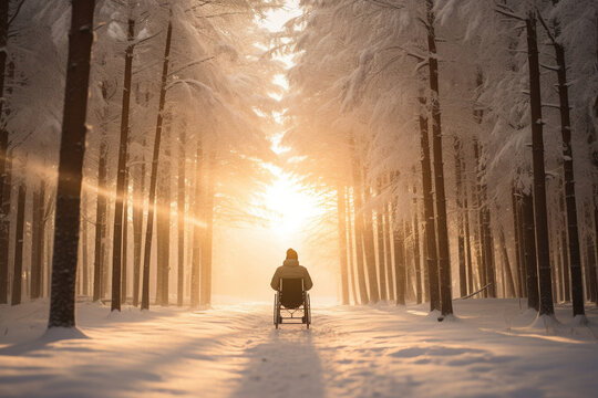 Amidst a snowy wonderland, a man in a wheelchair glides through a forest of pine trees, with sunlight filtering through the frosty branches. 