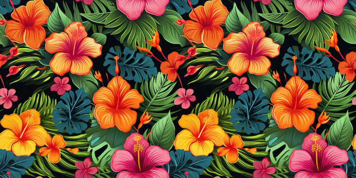 Seamless pattern of Hawaiian hibiscus florals in vibrant colors. Concept: Bold tropical island motifs