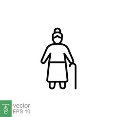 Old woman icon. Simple outline style. Person with cane, stick, elder age, lady, granny, senior people concept. Thin line symbol. Vector illustration isolated on white background. EPS 10.