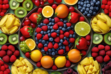 Bowl of colorful and fresh fruits, arranged in a pattern