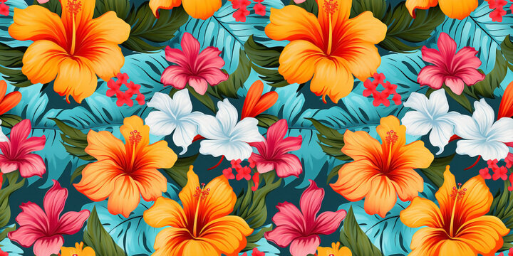 Colorful Hawaiian tropical hibiscus floral seamless pattern. Concept: Vibrant island flower motif