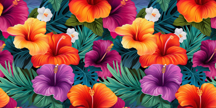 Seamless pattern of brightly colored Hawaiian tropical hibiscus flowers. Concept: Vivid island floral designs