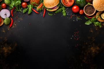 Burgers around the black board top view copy space background