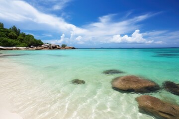 A serene beachscape with clear blue waters and rocky outcrops under a beautiful blue sky