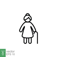 Old woman icon. Simple outline style. Person with cane, stick, elder age, lady, granny, senior people concept. Thin line symbol. Vector illustration isolated on white background. EPS 10.