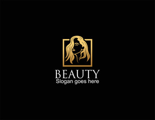 Beauty woman fashion logo. Golden Abstract vector template linear style on a black background