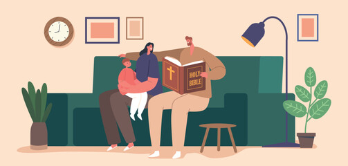 Christian Family Characters Gathered Around, Engrossed In Reading The Bible. Their Faces Radiate Devotion And Unity