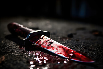Close-up of a bloody knife lying on the ground