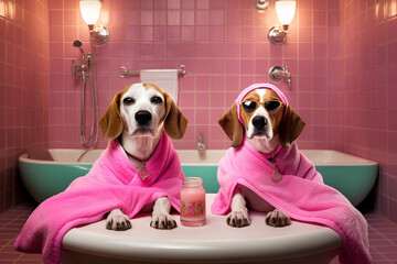 Dog Grooming Salon. Funny image of two Beagle dogs with towels after a bath. Pet grooming, dog bath time or other concept. Image made with Generative AI Technology and perfected in Photoshop - 637441682