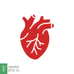 Red human heart icon. Simple solid, flat style. Internal organ, real, cardiology, cardiac anatomy, medical concept. Silhouette, glyph symbol. Vector illustration isolated on white background. EPS 10.