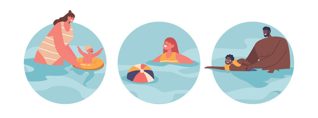 Isolated Round Icons Perform Kid Swimming Lessons with Parents or Instructors Teach Little Children Water Safety