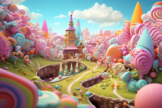 Dessert sweets city. Sweet caramel fairy house. Illustration in cartoon style. Picture for children