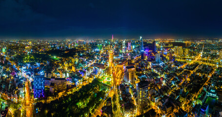 Panoramic of Ho chi minh city or Saigon city at twilight in Vietnam.