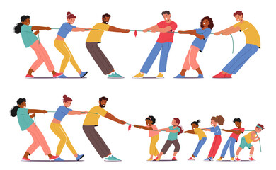 Teams Of Kids and Adults Characters Compete In Tug Of War By Pulling Opposite Ends Of A Rope, Testing Their Strength