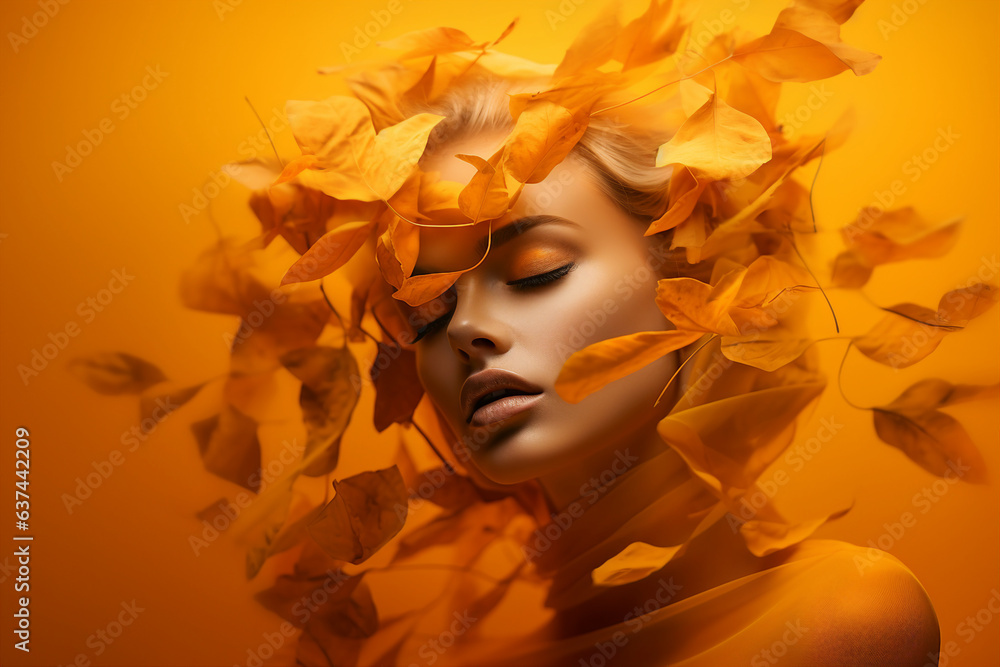 Wall mural generative ai picture of attractive redhead woman model symbolizing autumn season over background - Wall murals