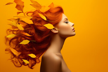 Generative AI picture of attractive redhead woman model symbolizing autumn season over background - obrazy, fototapety, plakaty