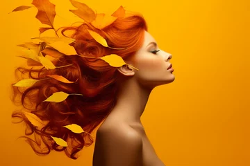 Fotobehang Generative AI picture of attractive redhead woman model symbolizing autumn season over background © deagreez