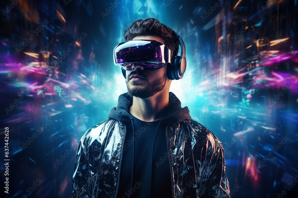 Poster generative ai collage photo of person using gadget for virtual reality