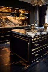 Elegant Black and Gold Kitchen Furniture with Marble Floor for Luxurious Interior Design. Generative AI