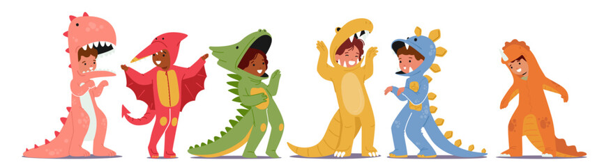Adorable Children Boys And Girls Characters Dressed As Dinosaurs, Bringing Prehistoric Fun To Life. Colorful Costumes