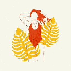 Abstract risograph girl. Cute curvy lady in swimsuit riso print style. Vector floral illustration for poster, t-shirt design