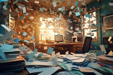 Workplace of an office clerk with a lot of papers. Overworking concept. Papers and stickers with reminders fly randomly in the air. Deadline chaos.
