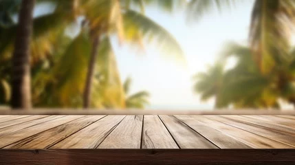  Empty wooden table offers views of the sea, tropical beach and palm leaves. Bokeh light of calm sea and sky at beach district background. Space for displaying products,  showcases, Generative Ai. © Suphachai