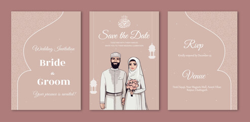 Islamic wedding invitation template with cute couple 