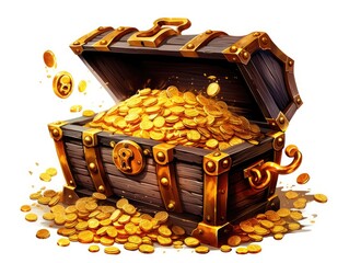An open Treasure Chest filled with a lot of gold coins isolated on white background