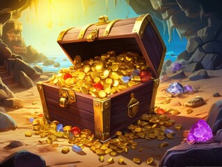 An open Treasure Chest filled with a lot of with gold coins and gems burried in a sand hole - 637444868