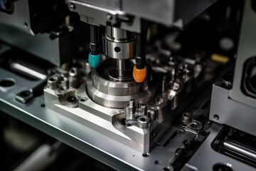 Fototapeta na wymiar Unveiling the Artistry of Precision: An Intricate Close-up of an Injection Molding Machine in Dynamic Motion