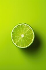 Sliced limes on green background, close up view.