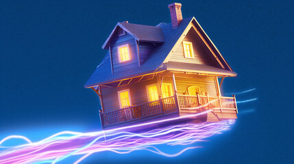 High speed home internet connection concept. Flying house with optic fiber internet speed power - obrazy, fototapety, plakaty