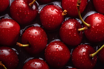 Cherry fruits fresh seamless background visible drops of water