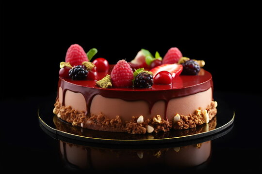 Trendy mousse cake with berries decorated. Mirror effect on the table. Dark background