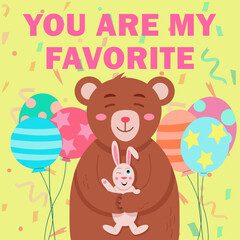 Cute holiday card with animals, rabbit and bear, vector illustration