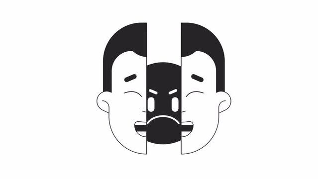 Hypocrite fake guy split face bw outline 2D animation. Happy man head breaking apart 4K video motion graphic. Bipolar disorder monochrome linear animated cartoon flat concept, white background