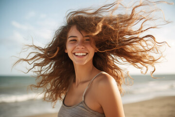 Naklejka premium A girl with her hair blowing in the wind while sailing on a boat, surrounded by blue ocean and white clouds